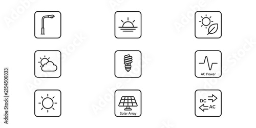 Set of clean line icons for solar energy green power and renewable electricity technology