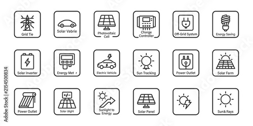 Set of solar energy and renewable power icons showing green technology and electrical systems