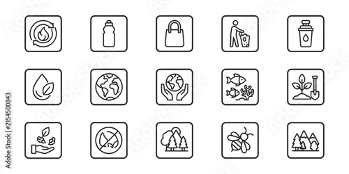 Set of black line icons about ecology environment nature recycling and sustainable living