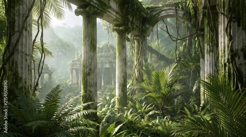 Ancient Classical Stone Ruins Overgrown by Tropical Jungle Foliage and Mist