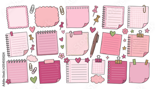 Aesthetic Pink Sticky Notes and Memo Paper Set with Cute Doodle Notebook Pages Binder Clips Pen and Planners elements for Scrap booking