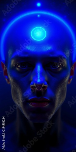 Vibrant indigo aura surrounding the forehead, representing intuition and insight, insightful, perceptive