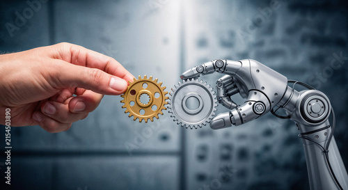 Human hand interacting with robotic hand and gears