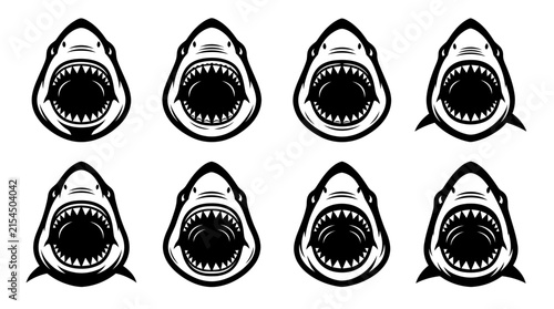 Eight aggressive great white shark head illustrations showing sharp teeth in a bold black vector style