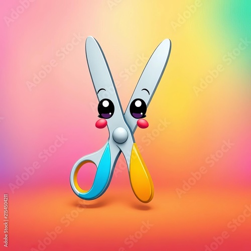 Cute cartoon scissors with bright eyes and cheerful smile stand on rainbow-colored background, colorful, cute