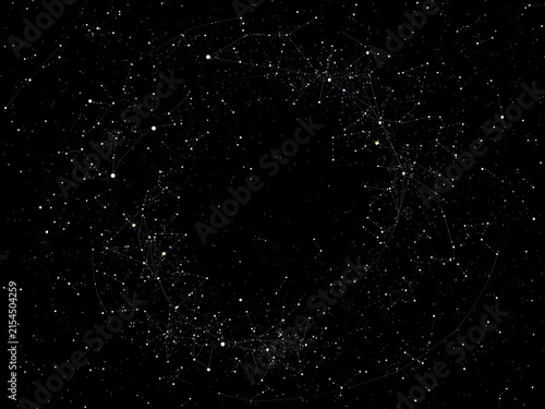 Astronomical constellations swirl across a black background in a seamless vector design, chart, cosmos
