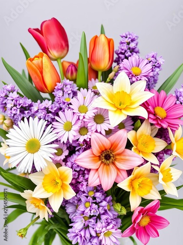 Fresh flowers bouquet set with tulips, daisies, lilacs, and daffodils, joy, celebrations