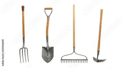 Bild auf Leinwand Gardening tools including fork shovel rake and hoe on transparent