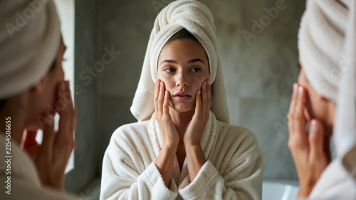 Reflection of woman with towel on head, hands on face, looking into mirror