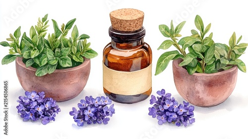Herbal Medicine Bottles with Green Plants and Purple Flowers for Natural Healing