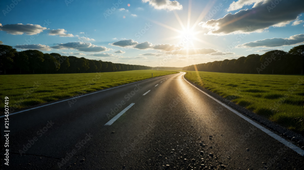 Fototapeta premium Road stretches toward horizon under sunset glow