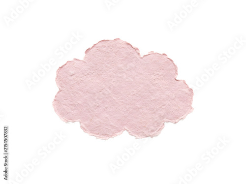 Pink handmade paper cloud shape with deckle edge on texture.