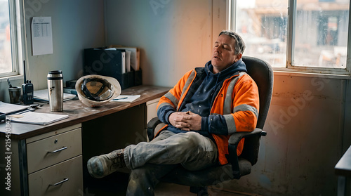 Exhausted construction foreman resting in trailer office, wearing high-visibility safety vest and hard hat nearby