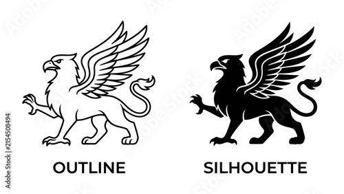 Mythical Griffin Iconography: A set of graphic representations showcasing the majestic griffin in both outline and silhouette form, ready for use in emblems and designs.