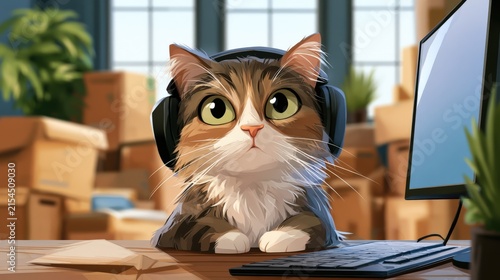 Curious tabby cat wears headphones at desk
