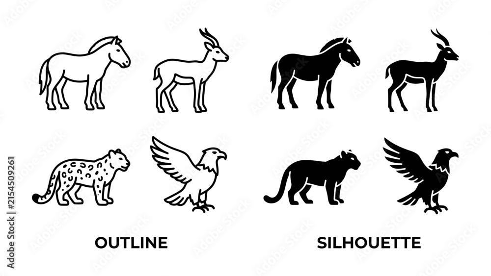 Fototapeta premium Animal Icons: A collection of animal illustrations presented as both outlines and silhouettes, featuring a horse, antelope, leopard, and eagle, showcasing distinct graphic representations.