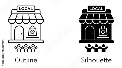 Fotografía Local Storefront: An illustration depicting a storefront with a Local sign, a shopping bag, and people standing outside, representing community support and small business