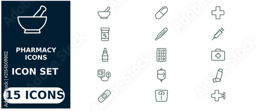 Pharmacy set featuring 15 linear medical symbols, including mortar, pill, syringe, thermometer, first aid kit, and medical scale