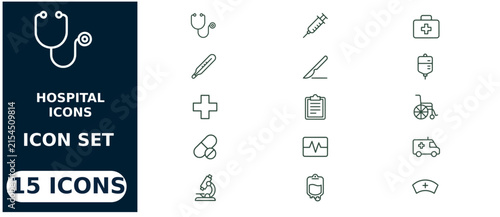 Set of 15 linear medical and hospital including stethoscope, syringe, first aid kit, thermometer, scalpel, iv bag, wheelchair, and ambulance
