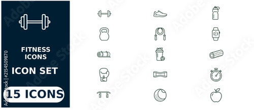 Set of 15 fitness and workout line including dumbbell, kettlebell, yoga mat, boxing glove, jump rope, water bottle, and stopwatch