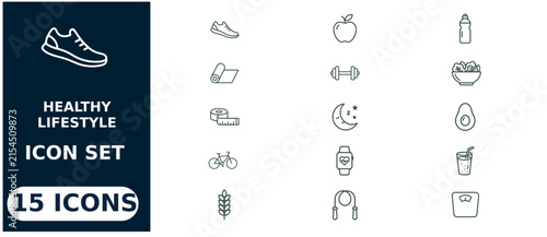 Healthy lifestyle set featuring 15 linear symbols including fitness gear, nutrition, sleep, and exercise equipment on white background