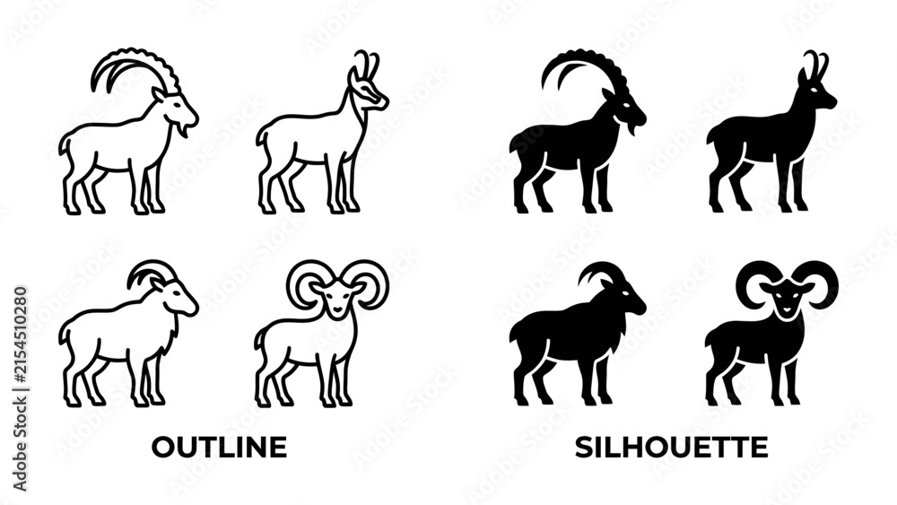 Fototapeta premium Set of Ibex and Ram Icons: A collection of stylized icons featuring ibex and ram, presented in both outline and silhouette forms, ideal for graphic design and identification purposes.