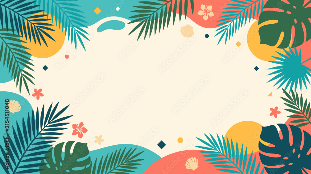 Naklejka premium Tropical Palm Leaf Frame Flat Vector Summer Background with Copy Space