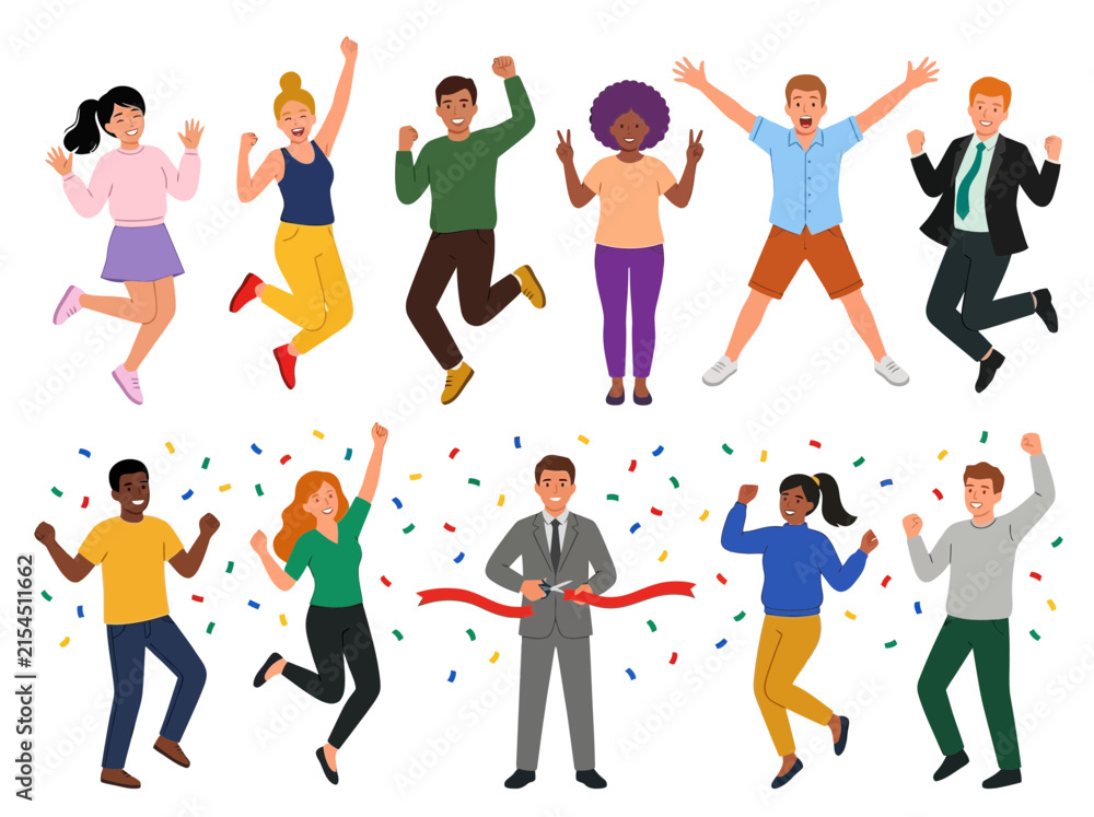 Obraz premium Diverse Happy People Jumping for Joy and Ribbon Cutting Ceremony Vector