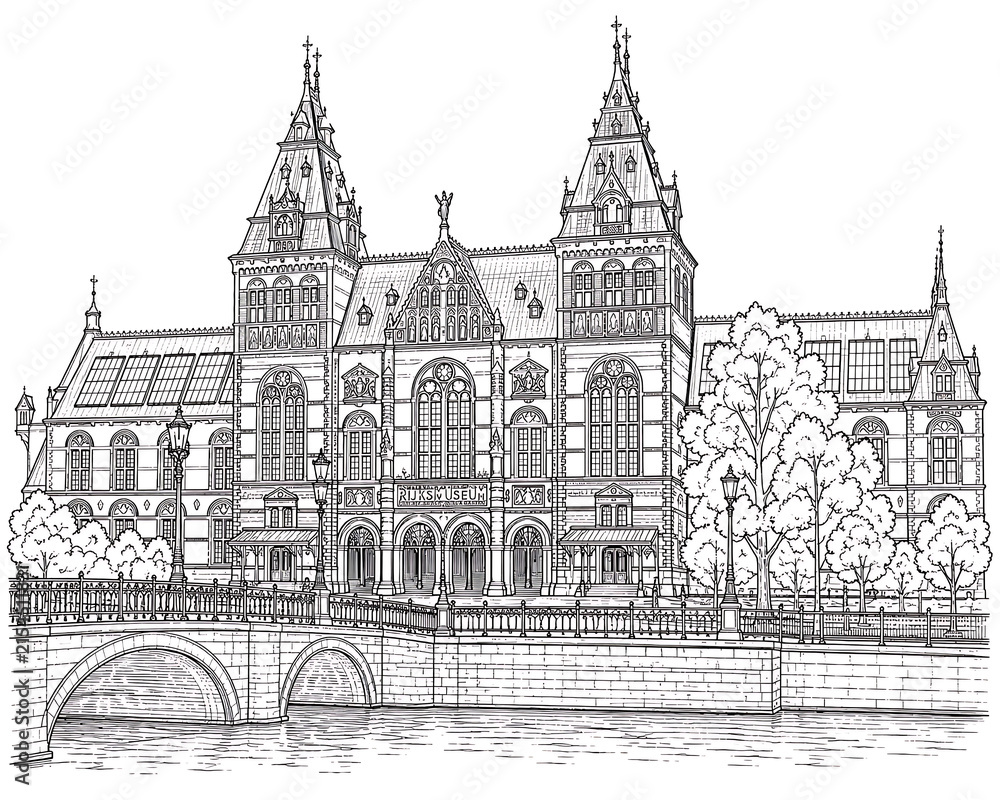 Fototapeta premium Rijksmuseum Amsterdam Netherlands Historic Building Line Art