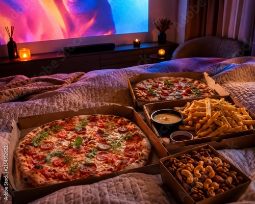 Cozy home movie night with freshly baked pizzas, French fries, nuts and dipping sauces served on a bed, with colorful sunset projection and warm ambient lighting.