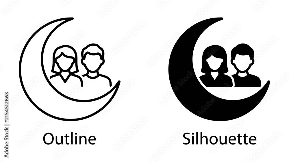 Fototapeta premium Couple in Crescent Moon Icon: A stylized crescent moon cradles an outline and silhouette of a couple, symbolizing companionship and shared dreams under the night sky.