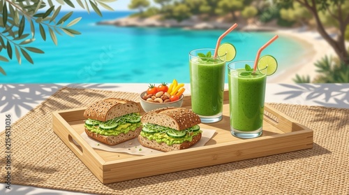 Healthy Lunch Tray with Avocado Sandwiches and Smoothies by the Sea