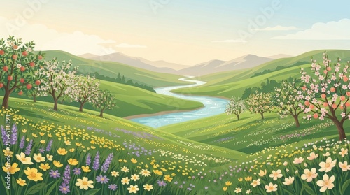 Peaceful Spring Landscape Illustration with Winding River and Flowers