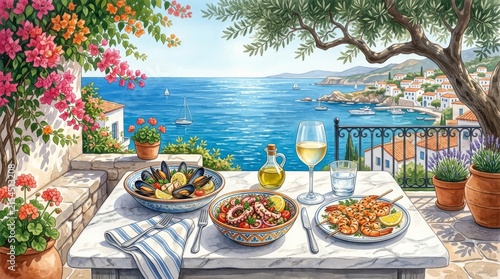 Mediterranean Seafood Lunch on Sunny Balcony Overlooking the Sea