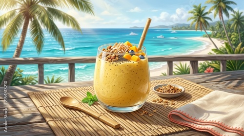 Tropical Mango Smoothie with Granola on Ocean View Balcony