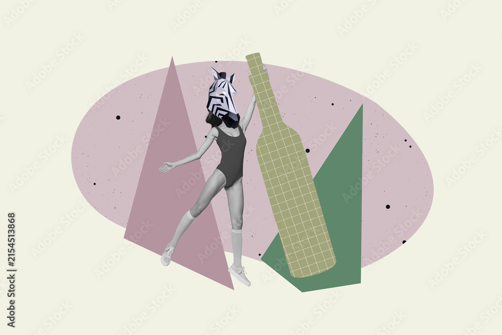 Obraz premium Collage of dancing people in animal masks and alcohol drinks with disco ball spotlights for party celebration concept