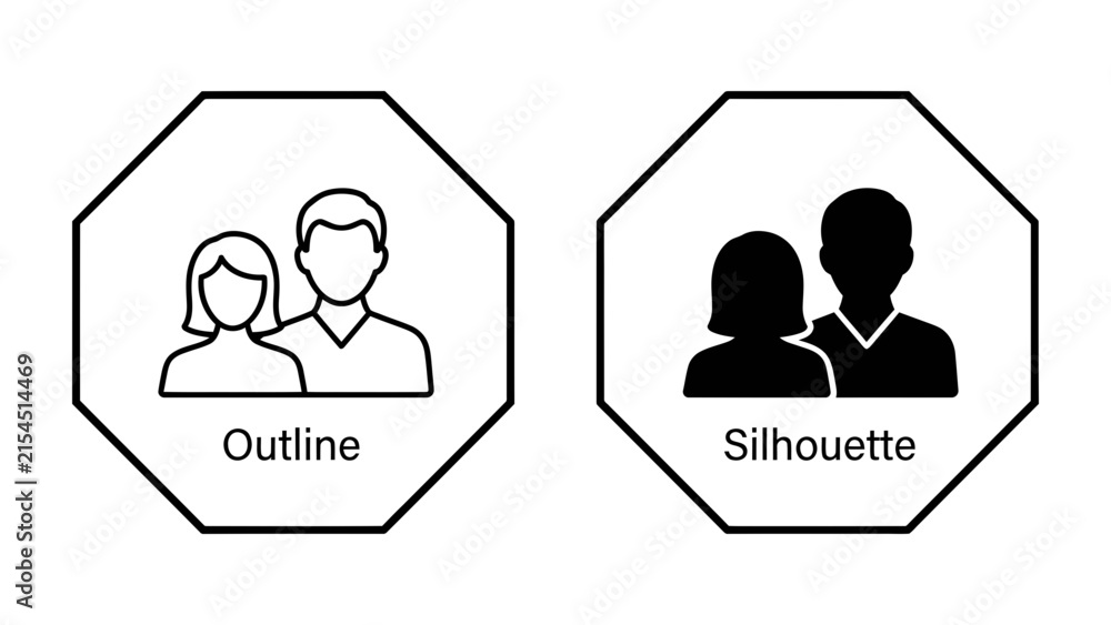Fototapeta premium Couple icon set: Outline and silhouette icons depicting a couple, representing relationships and partnership.