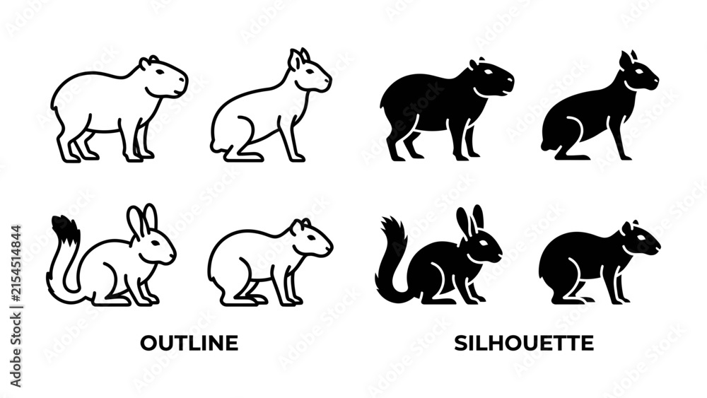 Fototapeta premium Animal Icons: A collection of outline and silhouette icons featuring capybaras and rabbits, ideal for graphic design and educational materials.