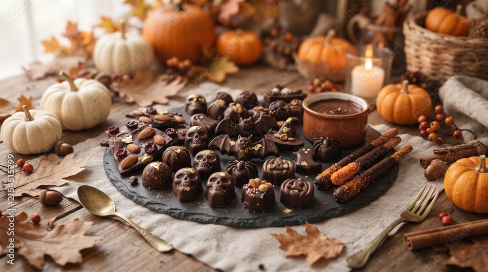 Fototapeta premium Halloween chocolate treats on slate platter, spooky skull and bat shaped candies, autumn pumpkin table setting for festive party