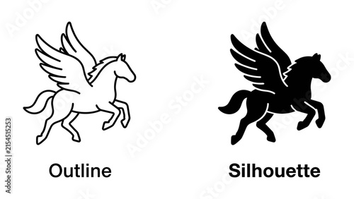 Photography Pegasus Outline and Silhouette: A classic depiction of the mythical winged horse, Pegasus, presented in both a clean outline and a bold black silhouette, ready for graphic design applications