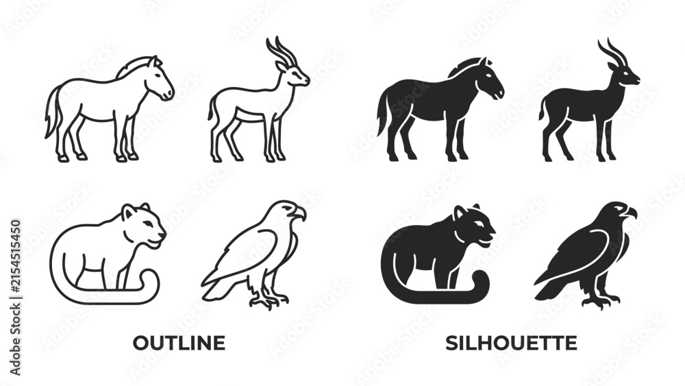 Fototapeta premium Animal Icon Set: A collection of outline and silhouette icons depicting various animals, including a horse, antelope, panther, and eagle.