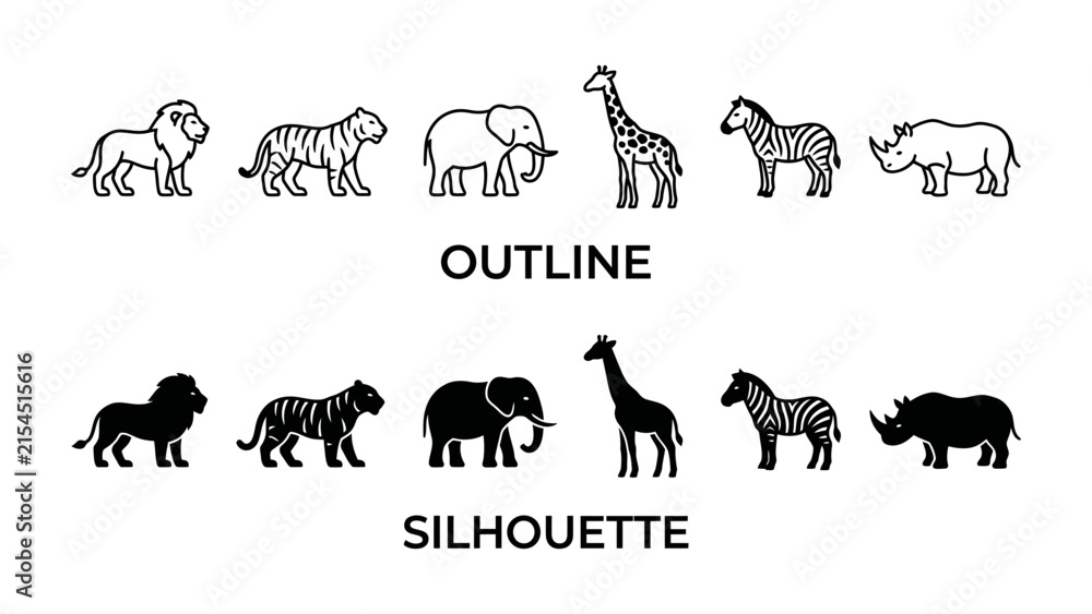 Fototapeta premium Animal Icons: A collection of stylized animal illustrations, featuring both outlines and silhouettes of a lion, tiger, elephant, giraffe, zebra, and rhinoceros.