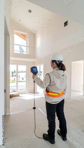 Inspector using thermal camera inside house under construction.