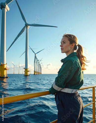 Female engineer overlooking offshore wind turbines on ocean.