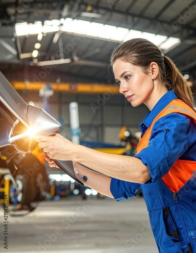 Female technician inspecting car engine components.