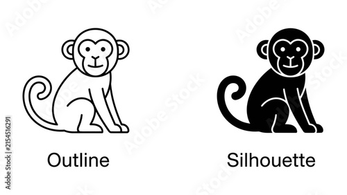 Photography Monkey Outline and Silhouette: A clear illustration of a monkey shown in both outline and silhouette form, ideal for graphic design and educational purposes