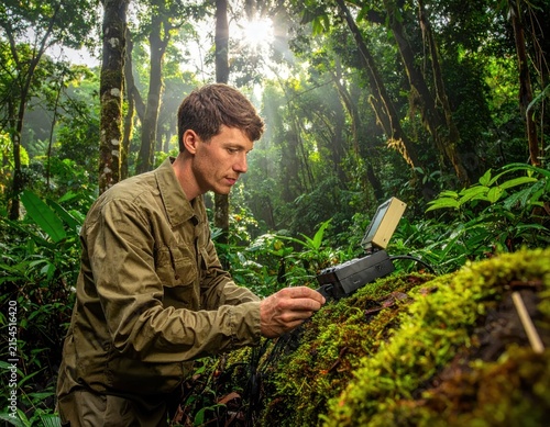 Field scientist measuring trees in a dense tropical forest.