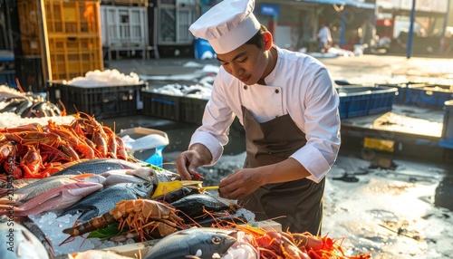Fishmonger preparing seafood at outdoor market stall.