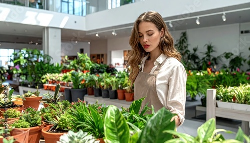 Florist working in large greenhouse plant nursery shop.