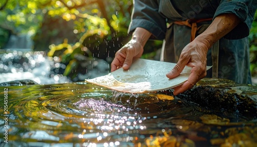 Hands washing plate in sparkling forest stream.